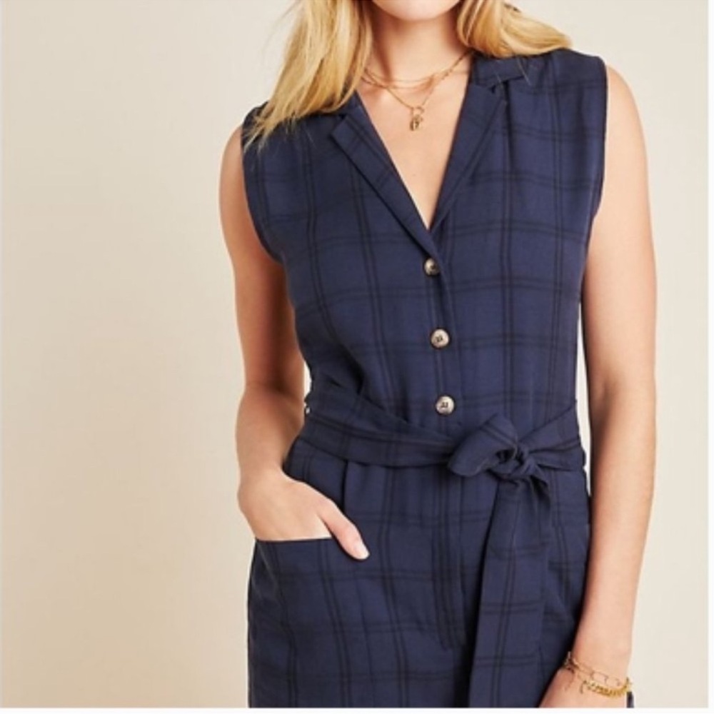 NWT Anthropologie Navy Plaid Sleeveless Cropped Jumpsuit Pockets Small - Picture 8 of 9